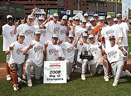 Baseball team poses with Big 12 tournament trophy