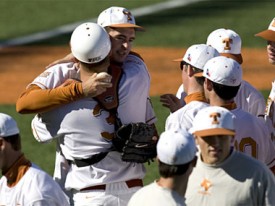 Brandon Workman celebrates with his battery mate after throwing the 27th no-hitter in Texas history. (TexasSports.com)